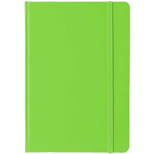 A5 PU notebook in bright green with an elastic band closure. Features a smooth surface and a logo.