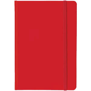 A5 PU notebook in vibrant red with a matching elastic band. Features a smooth cover and a branding logo.