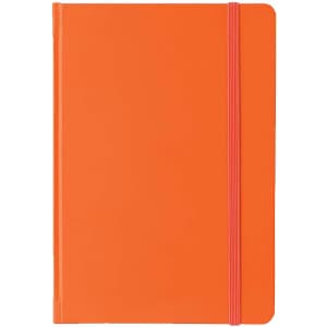 An orange A5 PU notebook with a pink elastic band closure and a smooth finish. It features a logo on the cover.