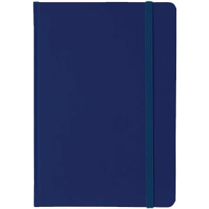 A5 PU notebook in navy blue, featuring a textured cover and an elastic band closure. Includes a logo on the front.