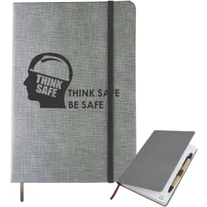 A5 textured grey PU notebook featuring an elastic band and a branding logo on the cover.
