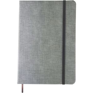 A5 textured PU notebook in grey with a black elastic closure band and a pen holder. Features branding logo.