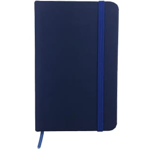 A6 Handy PU Notebook in navy blue with a matching elastic band and a ribbon marker. Features a smooth, glossy finish.