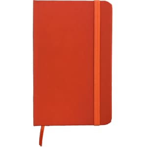 An orange A6 PU notebook with an elastic band closure and a bookmark ribbon. It features a branding logo.