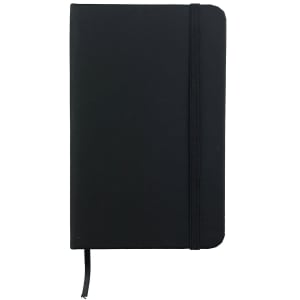 A6 Handy PU Notebook in black with an elastic closure and a ribbon bookmark, featuring a logo on the cover.