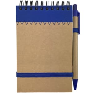 A brown recyclable paper jotter pad with a blue spiral binding and matching pen attached with an elastic band.