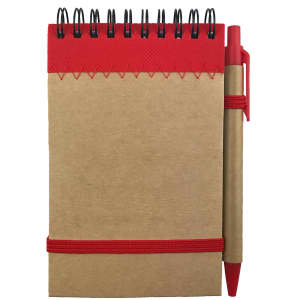 A brown recyclable paper jotter pad with a red spiral binding and a matching pen attached.