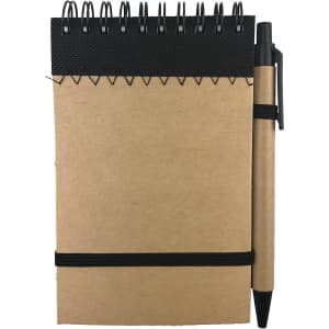 A brown recyclable paper jotter pad with a black spiral binding and a black pen secured by an elastic band.