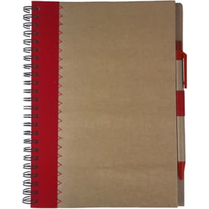 A recycled paper notebook with a brown cover, red spiral binding, and a red pen attached.