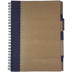 A brown recycled paper notebook with a navy blue spine and a pen attached. It has a logo on the cover.