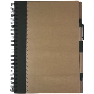 A brown recycled paper notebook with a black spiral binding and a pen attached. It features a plain cover with a logo.