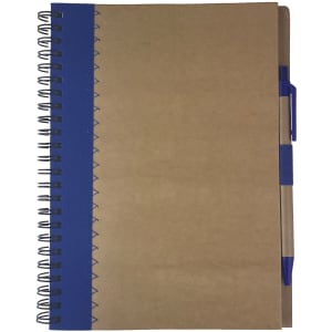 A recycled paper notebook with a brown cover, blue spiral binding, and a blue pen attached.