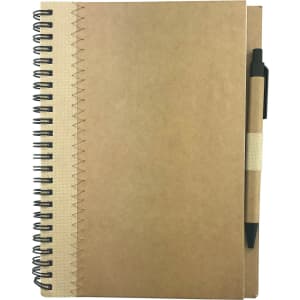 A recycled paper notebook with a spiral binding, featuring a beige cover and a matching pen attached.