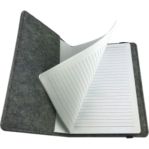 A grey felt notebook with lined pages opened to display its interior. It features a simple, clean design.