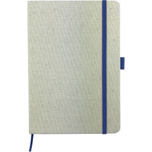 A cotton notebook in light grey with a blue elastic band and a branding logo.