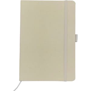 A cream-coloured cotton notebook with a white elastic band and a logo on the cover.