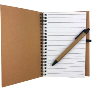 A cork notebook with a spiral binding and lined pages, accompanied by a brown pen. The cover is a natural cork colour.