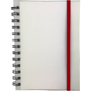 A spiral-bound notebook with a transparent cover and a red elastic band. Contains blank pages.