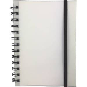 A spiral-bound, blank notebook with a transparent cover and a black elastic band.
