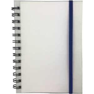 A spiral-bound notebook with a clear cover and a blue elastic band, featuring blank pages inside.