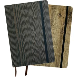 A5 wood look notebooks in dark and light wood finishes, featuring elastic bands and ribbons for secure closure.