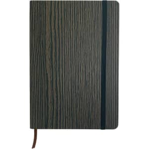 A5 Wood Look Notebook featuring a textured brown and green cover with an elastic closure and a ribbon bookmark.
