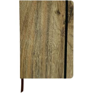 A5 wood-look notebook featuring a natural wood grain design, with a black elastic band and bookmark.