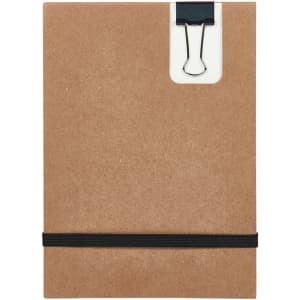 A brown Flexi Notebook featuring a binder clip and an elastic strap for secure closure.