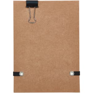 A Flexi Notebook featuring a brown cover, secured with black elastic bands and a metal clip.