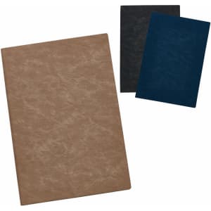 A set of three notebooks in tan, black, and navy blue, featuring a textured cover and a logo.