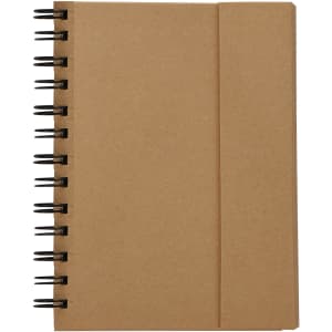 A brown spiral-bound notebook with a textured cover and a band to secure it.