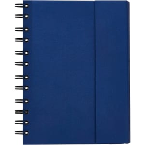 A navy blue notebook featuring a spiral binding and an elastic band closure. It has a simple design with a logo.