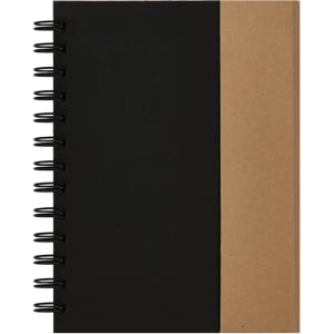 A notebook featuring a black cover with a brown kraft side, secured by a black spiral binding. It has a logo on the front.