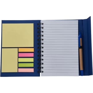 A blue Keebo notebook with lined pages, assorted sticky notes in yellow and pink, and a pen.