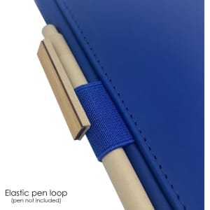 A blue notebook featuring a textured cover and an elastic pen loop for added convenience.