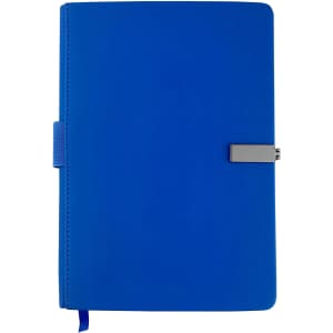 A blue notebook with a clasp closure and a bookmark ribbon. It features a logo on the cover.