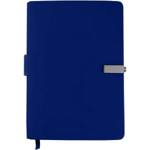 A navy blue notebook with a sleek cover and a silver clasp. It features a logo on the front.