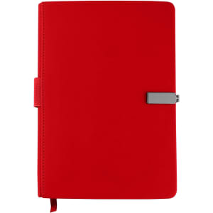 A red notebook with a clasp closure and a bookmark ribbon. The notebook features a logo on the front.
