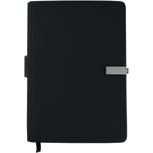 A black premium notebook with a sleek design, featuring a logo and an elastic closure band.