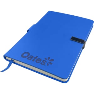 A blue premium notebook with a clasp and a logo on the cover. It features lined pages and a bookmark ribbon.