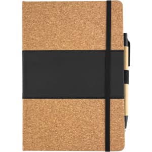 A cork notebook with a black band and a pen attached, featuring a sleek, minimal design.