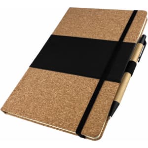 A cork-covered notebook with a black band and pen attached, featuring a sleek, minimalist design.