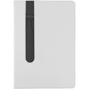 A grey Finch Notebook with a black mesh pocket on the front cover, featuring a simple design and a logo.