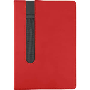 A red Finch Notebook featuring a black mesh pocket on the front, ideal for office and business use.