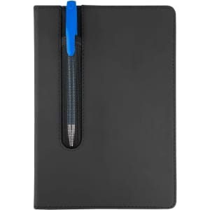 A black Finch Notebook with a blue pen in a zippered pocket on the front cover. Features a simple design.