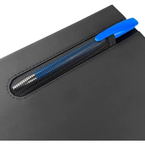 A black notebook featuring a mesh pen holder with a blue pen. The design is sleek and modern.