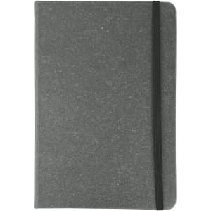 A grey notebook with a textured cover and an elastic band closure. It features a logo on the front.