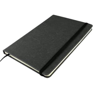 A black notebook featuring a textured cover, an elastic band, and a ribbon bookmark. It has a logo on the cover.
