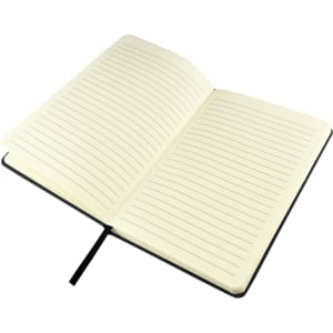 An open black notebook with lined pages and a ribbon bookmark, showcasing its simple and elegant design.