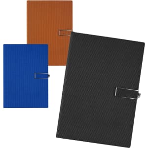 A selection of notebooks in blue, brown, and black, each with a textured cover and a silver clip feature.